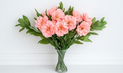 Beautiful pink flowers and green leaves on a white background, featuring elegant copy space and pastel tones 