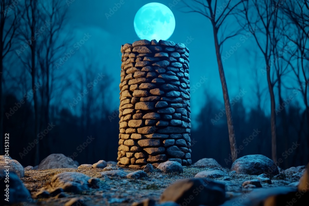 Poster A dark and moody scene of a blue moon casting light on an ancient stone tower in a gothic setting