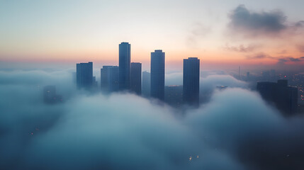 Fototapeta premium fog over city, skyline above the clouds