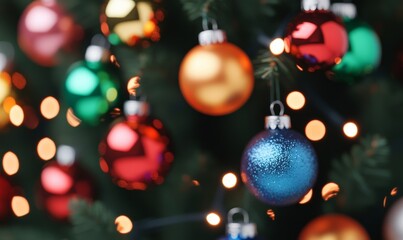 Christmas tree adorned with colorful baubles and blurred shiny lights, featuring green, red, and gold hues 