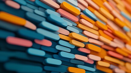 A colorful abstract arrangement of elongated shapes creating a textured wall design.