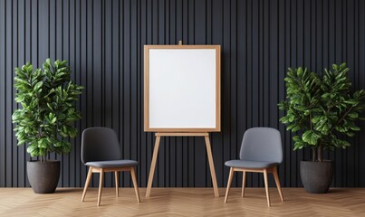 Conference room with modern office setting, featuring a whiteboard on easel and flow chart; blue, grey, and white 