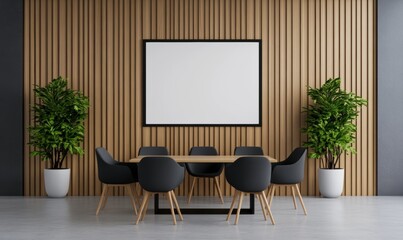 Conference room with modern office setting, featuring a whiteboard on easel and flow chart; blue, grey, and white 