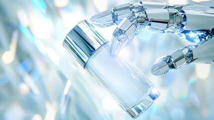 Futuristic robotic hand holding sleek perfume bottle.