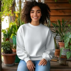 Relaxed woman sitting among plants in casual outfit