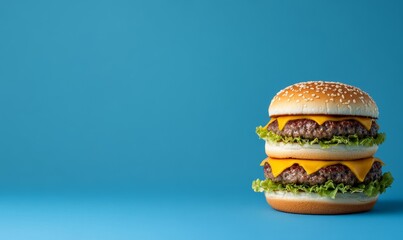 Delicious Double Cheeseburger: Tall double smash burger with white accents, vibrant colors red, yellow, and brown 