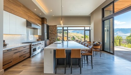 Fototapeta premium Modern Kitchen with Island and Mountain View