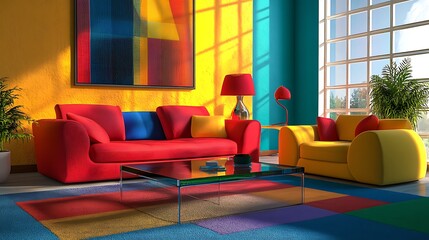 A vibrant living room with bold-colored furniture, abstract art on the walls, and a glass coffee table