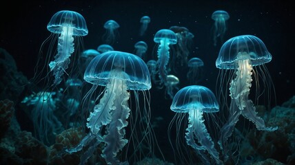 Stunning underwater shot of multiple jellyfish gracefully swimming in dark blue water.  Perfect for nature, ocean, and marine life themes.