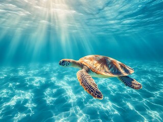 Obraz premium A sea turtle swims gracefully beneath a sun-dappled ocean surface, captured mid-glide in the crystal-clear, shimmering blue waters