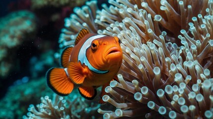 Vibrant orange clownfish peeking from its anemone home. Underwater wildlife photography.