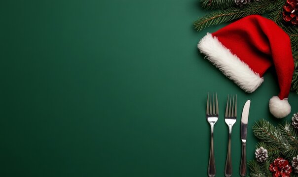 Festive Santa hat, silver cutlery, and Christmas decor on a green backdrop Red, silver, and green 