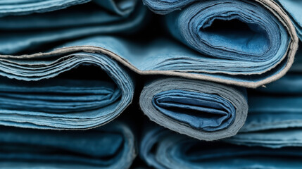 Close-up view of neatly stacked blue fabric rolls with visible texture and layers, creating an abstract and geometric pattern.