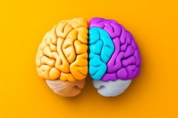 A flat, modern depiction of a brain with two halves in contrasting colors to represent different cognitive functions