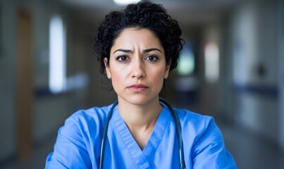 Fototapeta premium Hispanic nurse in blue scrubs, looking depressed and exhausted, sits on gray hospital floor 