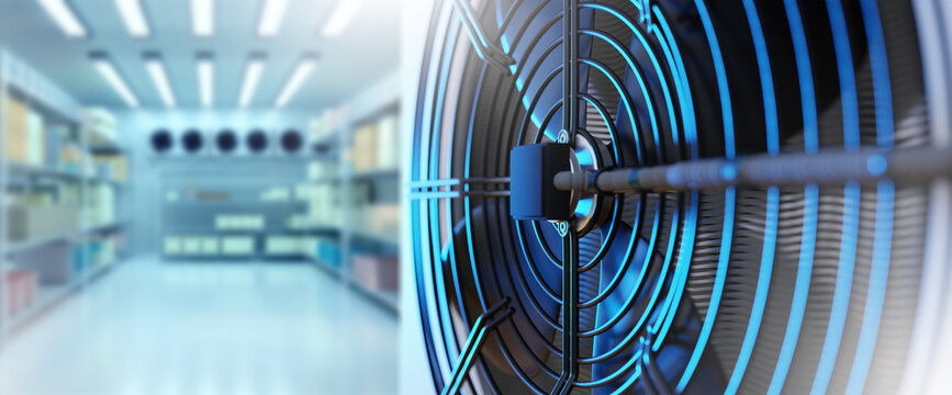 Refrigeration equipment. Conditioner unit. Refrigerated warehouse. Industrial freezer fan for warehouse. Storage room for frozen food. Refrigeration equipment for plant. Creative blurred. 3d image
