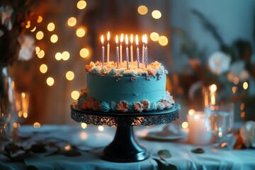 Birthday Cake With Frosting, Sprinkles And Candles On Top, Isolated On a Decorated Background, Studio Photo, Birthday Party Concept
