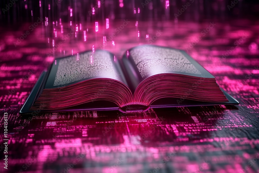 Poster a futuristic digital book displayed on a glowing holographic screen, with neon-lit surroundings and 