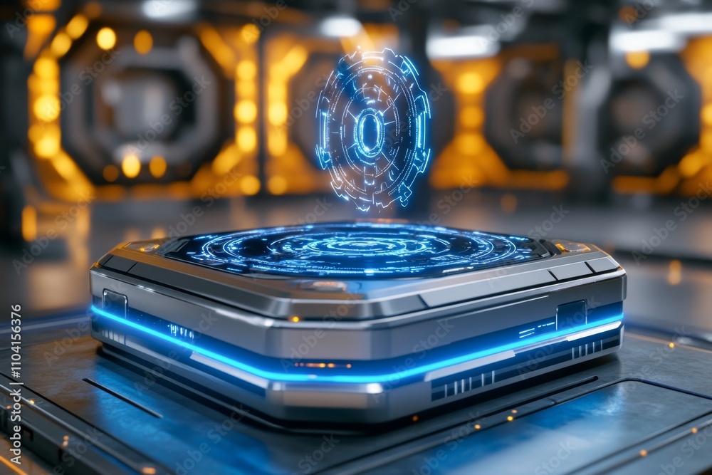 Poster a futuristic metallic box with glowing blue edges and intricate holographic symbols hovering above i
