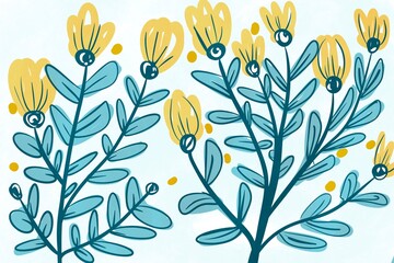 Hand-drawn floral illustration with teal leaves and yellow flowers