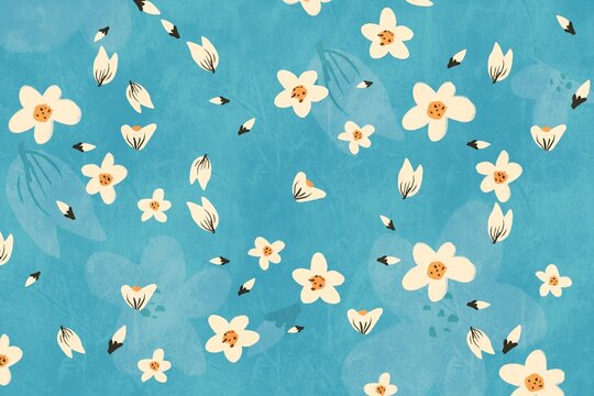 Seamless floral pattern with white flowers on blue background