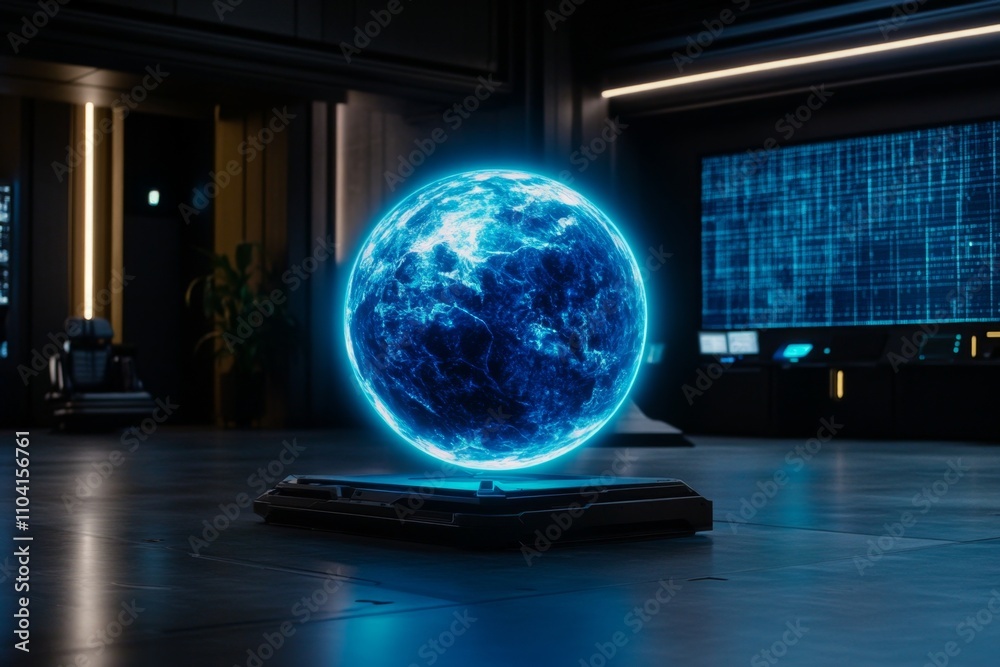 Poster a glowing blue sphere floating in a dark, futuristic room with neon grids and holographic displays