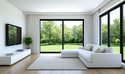 Fototapeta premium Modern white living room interior with stunning backyard view; uses white, green, and natural colors 