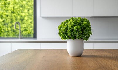 Fototapeta premium Modern kitchen interior featuring clean wooden table; warm earth tones with white and stainless steel 
