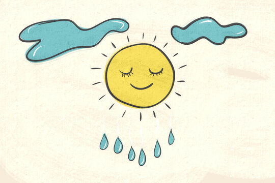 Whimsical weather illustration of sun and raindrops