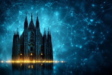 Fototapeta premium A gothic-style blueprint of a cathedral, with dark inked lines, ornate details, and faint candlelight illuminating the parchment