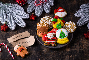 Christmas homemade gingerbread cookies with icing