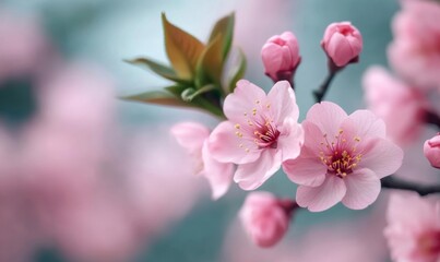 Fototapeta premium Pink cherry blossom flowers adorn a tree branch against a flat background; soft pinks and whites 