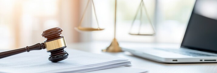 Gavel resting on papers with scales and laptop nearby.
