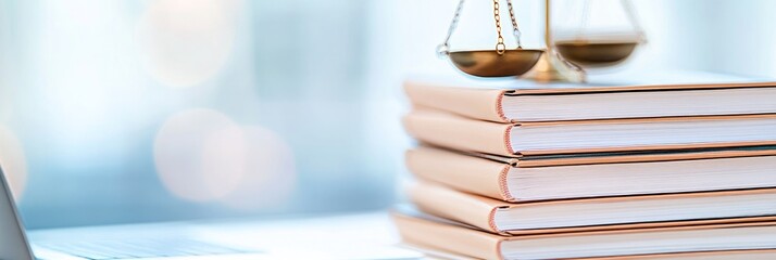Stack of legal books with balancing scales beside laptop