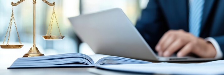 Business professional using a laptop beside legal scales.