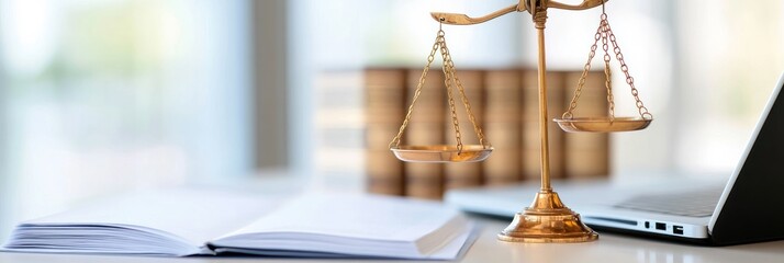Scale of justice beside open book and laptop on desk