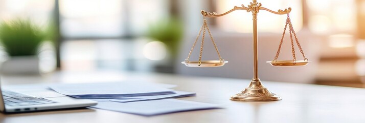 Justice scales on desk with papers in soft ambiance