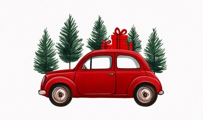 Red Christmas greeting card featuring a cute car with gifts and 'Merry Christmas' text, with red tones 