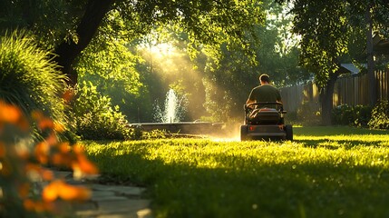 A man mowing the edges of a lush green backyard with precision, a small fountain visible in the background, sunlight filtering through leafy branches, vibrant colors and sharp realism, hd quality.