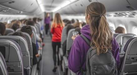 Woman in Purple Hoodie with Backpack Walking Aisle of Airplane Cabin