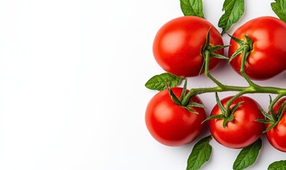 Red ripe tomatoes on the vine isolated on white background; vibrant reds, lush greens, bright white 