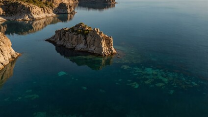 Aerial view of calm water surrounded by rocky formations.