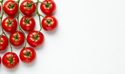 Red ripe tomatoes on the vine isolated on white background; vibrant reds, lush greens, bright white 