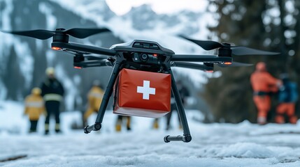 A high-tech drone equipped with a medical supply package flies over a snowy landscape where rescue teams are preparing for an operation.