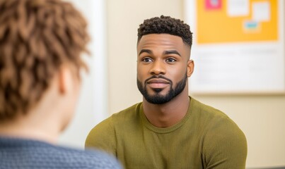 Student sitting in a brightly lit college admissions office, speaking to a counselor, with motivational posters on the walls, professional and welcoming 