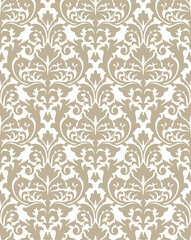 Elegant seamless damask pattern in beige and white tones with intricate floral designs and ornamental symmetry.