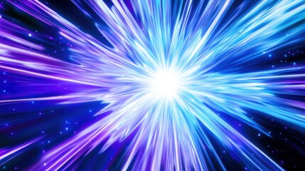 A high-energy abstract design featuring bold streaks of neon blue and purple forming sharp, jagged patterns. The glowing lines radiate outward from a central point, creating a dramatic and futuristic 