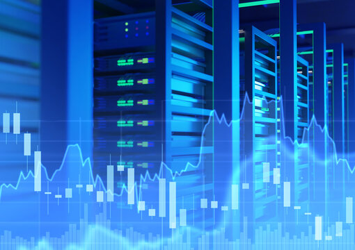 Load on servers in data center. Chart near telecommunications equipment. Server racks with glowing switches. Fluctuations in demand for data center services. Background server equipment. 3d image