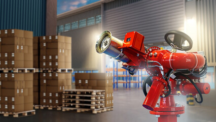 Stationary fire monitor. Fire fighting equipment in industrial zone. Red hydrant for extinguishing...