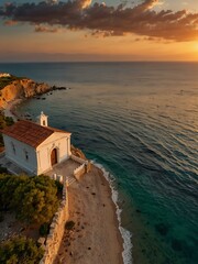 Fototapeta premium Aerial view of coastline and sunset over a chapel in Cyprus.